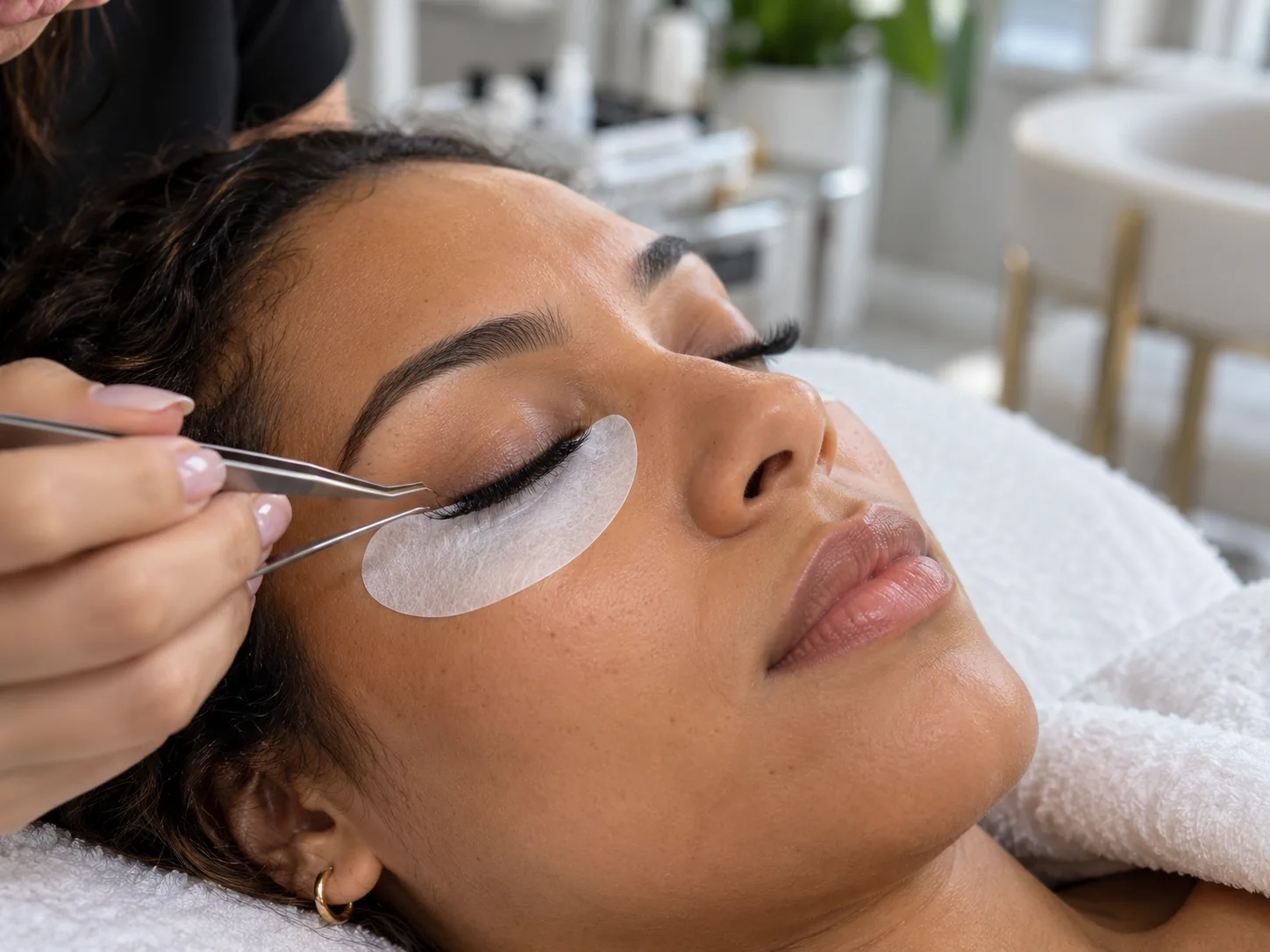 Hybrid lash extensions being applied to a client with closed eyes