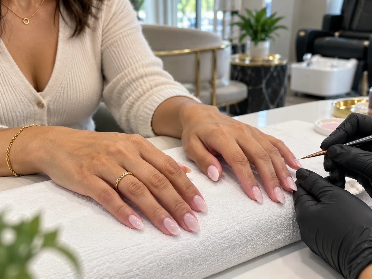 Milky-pink almond manicure at a white salon table