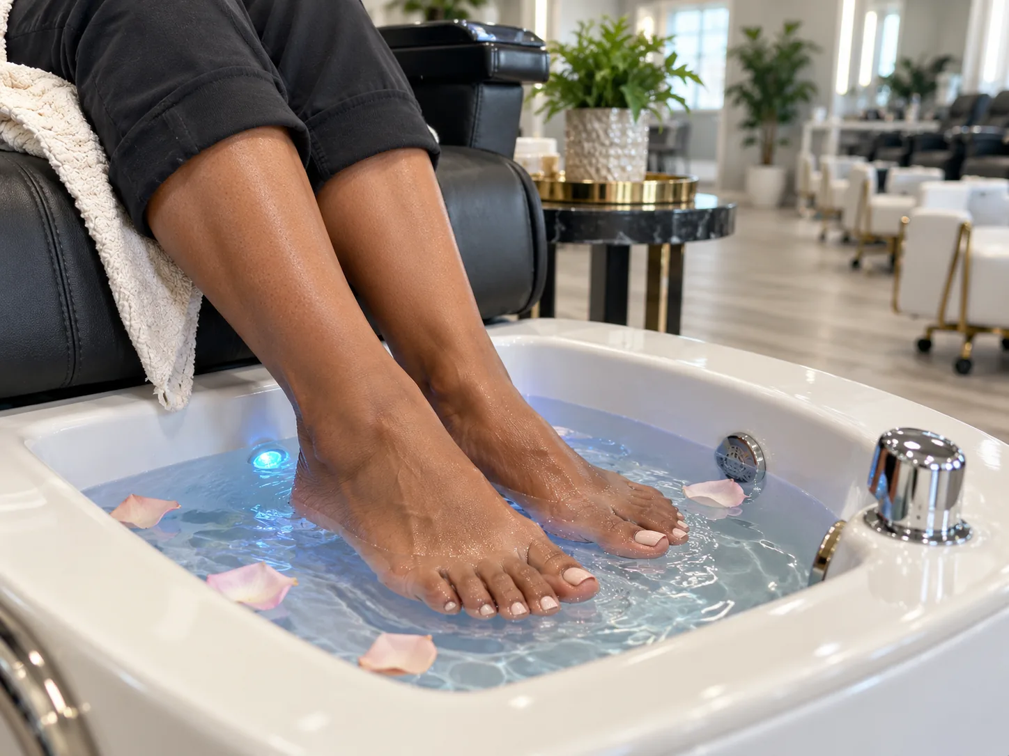 Nude pedicure soaking in a white basin with rose petals