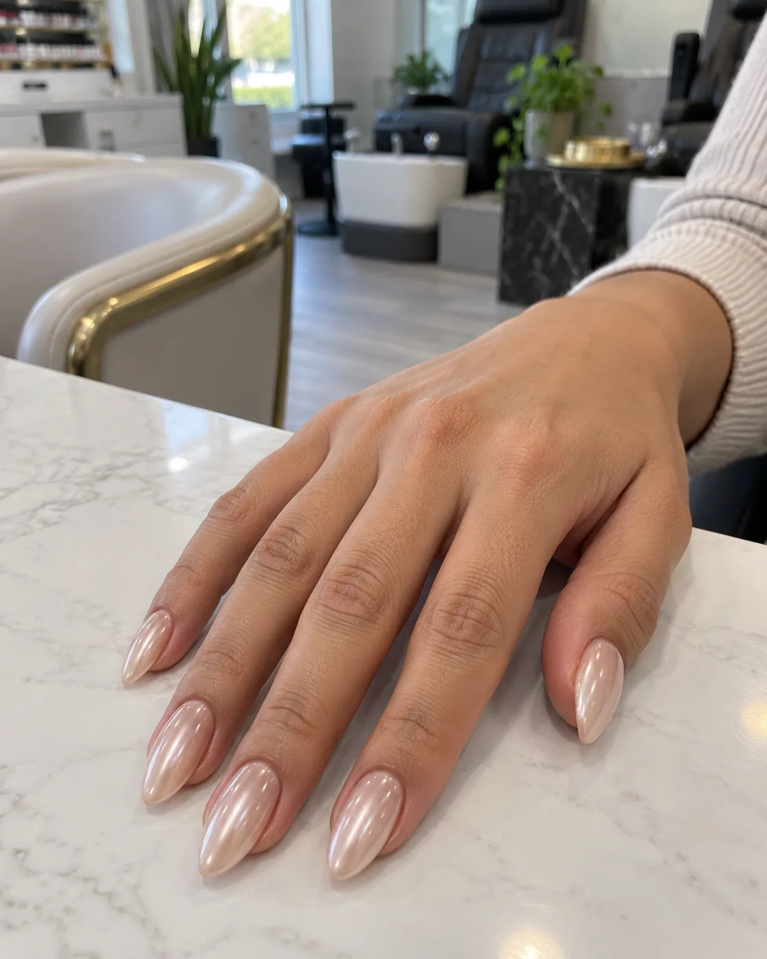 Nude almond acrylic nails with a subtle chrome finish