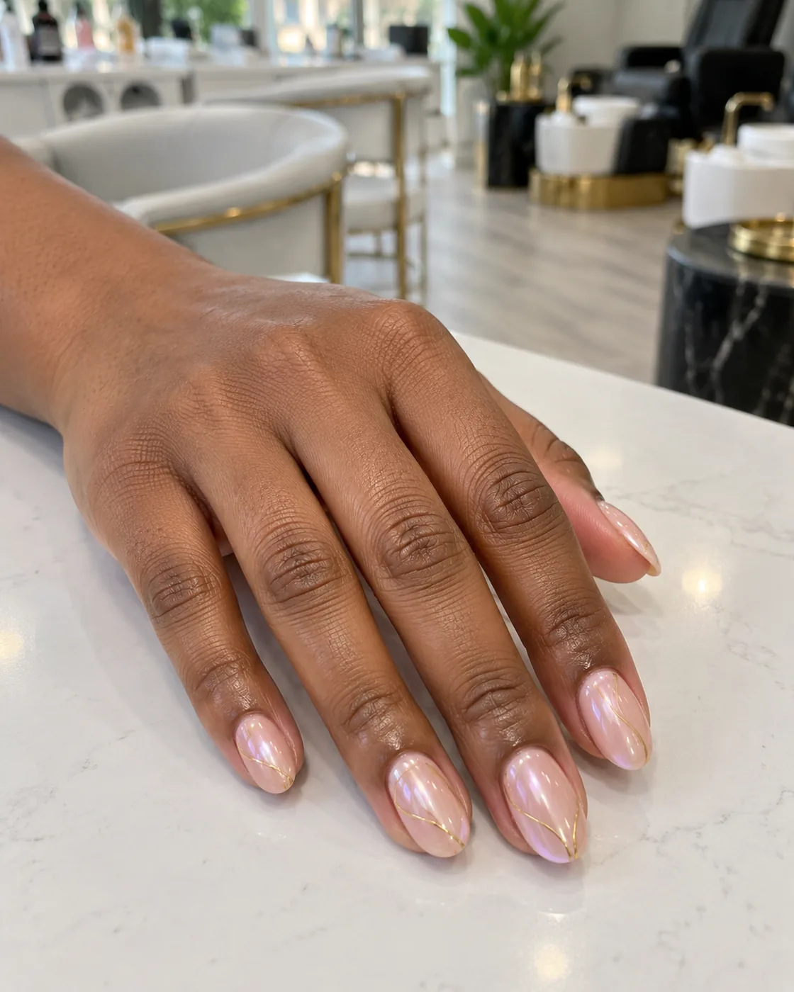 Short almond nails with chrome and fine gold line art